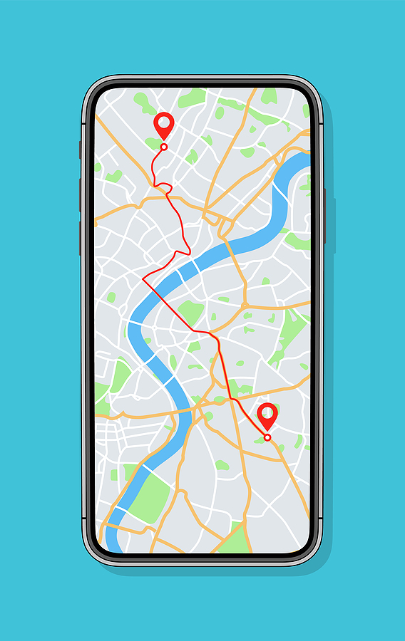 Phone with map and gps with location on screen. Mobile smartphone app with map of roads and pin with navigator of city. Vector. Application of street search and route navigation icons in town.